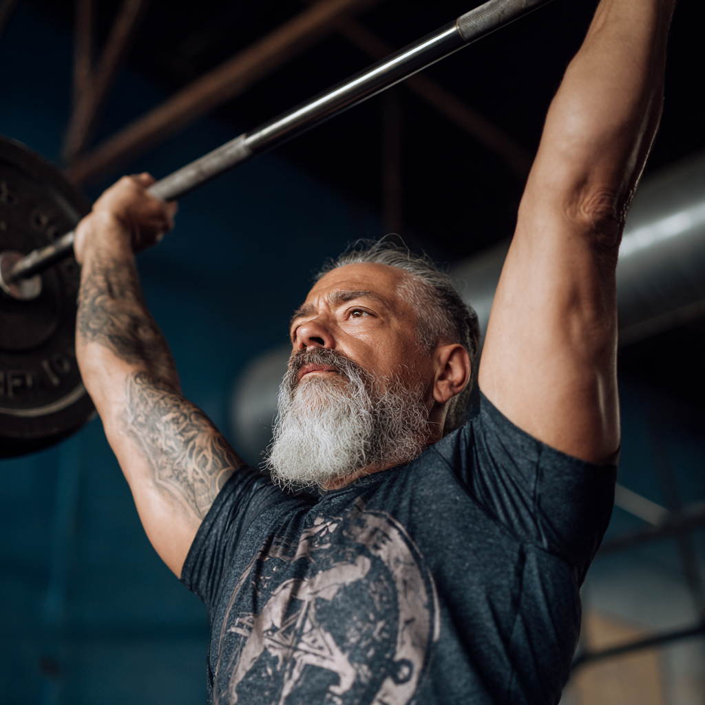 Чоловік 52 роки займається кросфітом, виконує функціональні вправи зі штангою