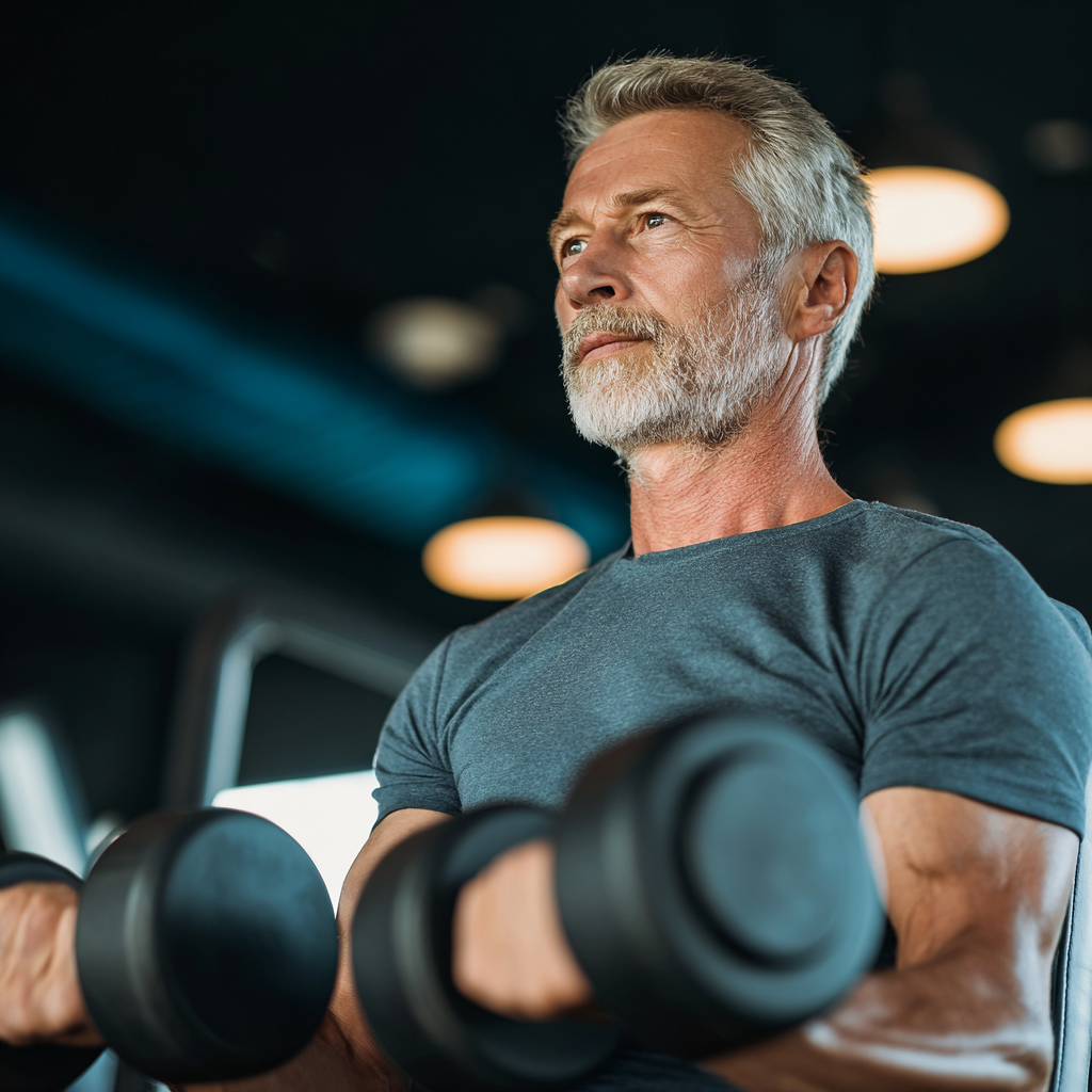 Чоловік 55 років виконує силові вправи з гантелями в сучасному тренажерному залі