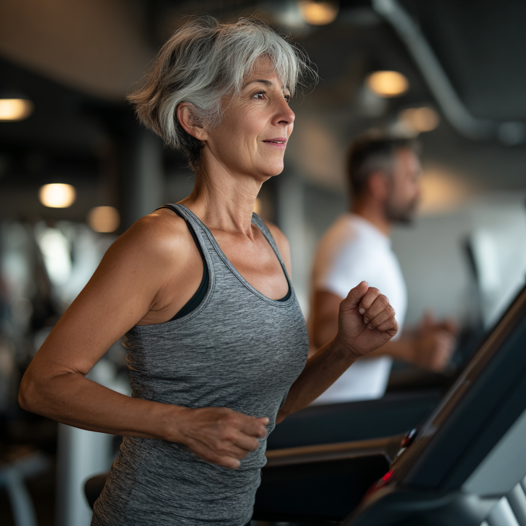 Жінка 58 років займається кардіо тренуванням на біговій доріжці в фітнес-центрі