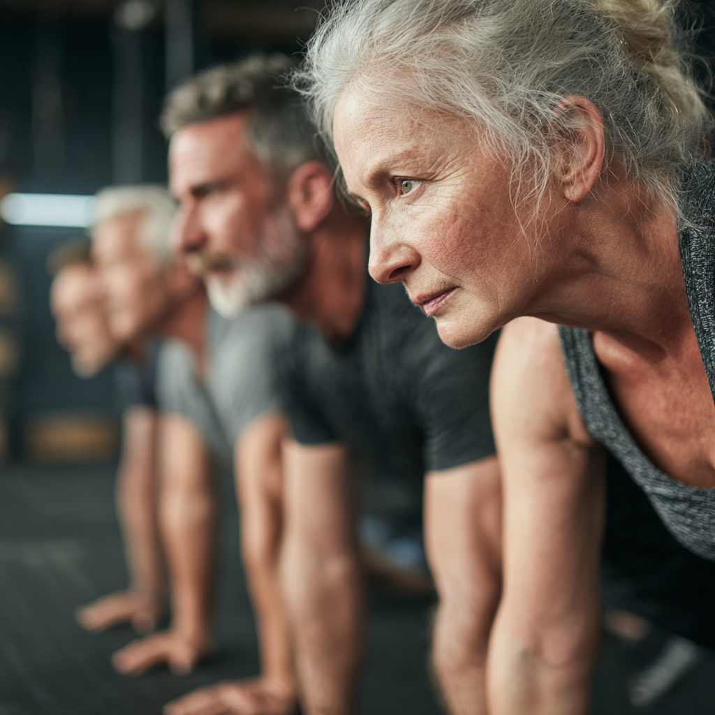 Група людей віком 50-60 років виконує інтенсивні HIIT вправи в спортивному залі
